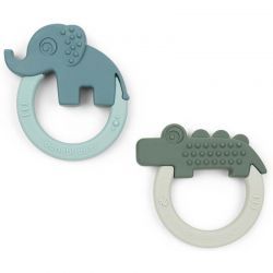 Pacote de 2 mordedores Elefante e Crocodilo Azul e Verde